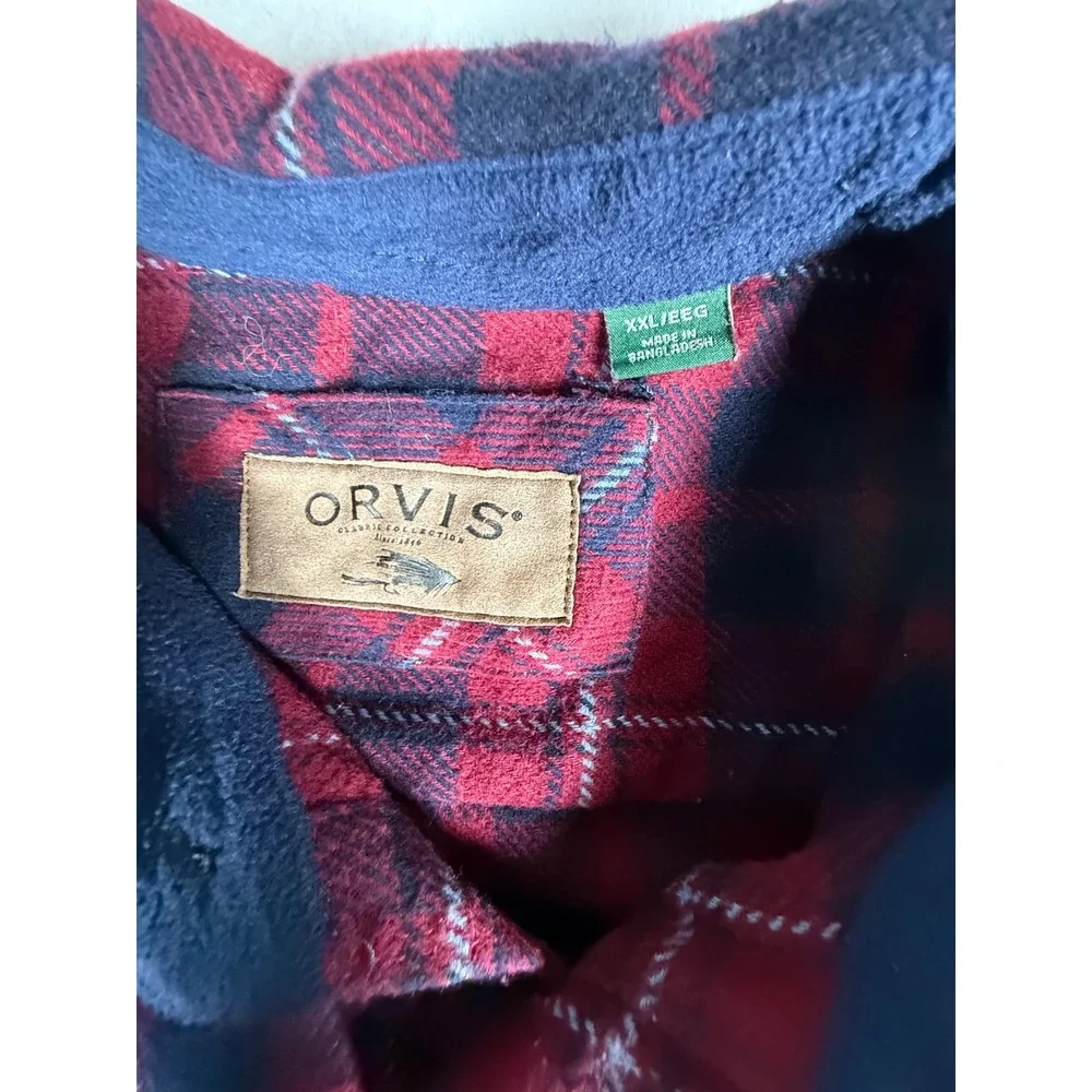 Orvis XXL Heavy Flannel Coat Shirt Red Blue Plaid Long Sleeve‎ Button  Pockets